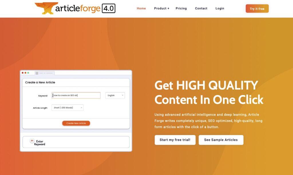 Article Forge Landing Page